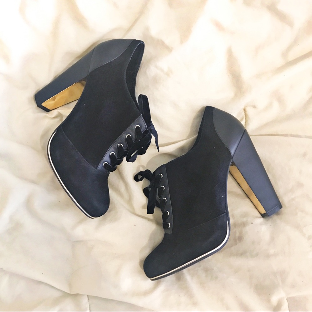 Black with Gold Accent Suede & Leather Ankle Boots